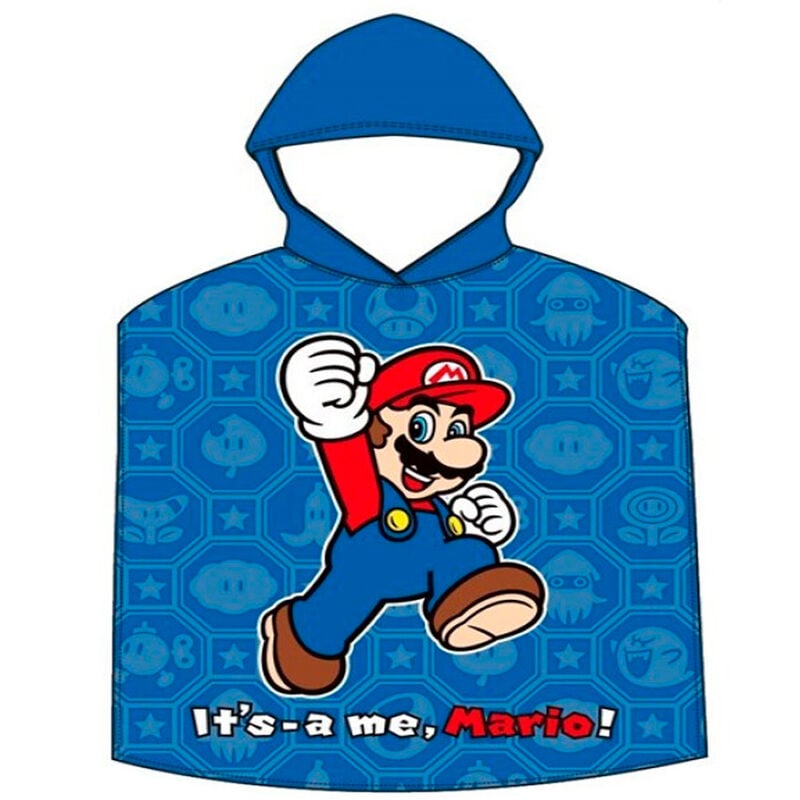 Poncho toalla azul de algodón con capucha y estampado de Mario