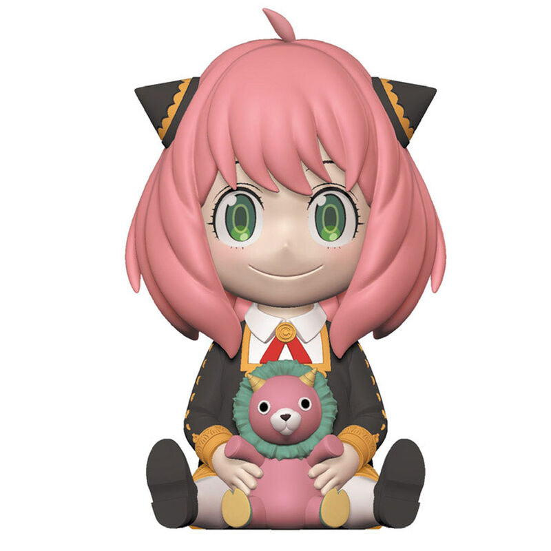 Figura hucha de Anya Forger de SPY x FAMILY sentada con un peluche rosa