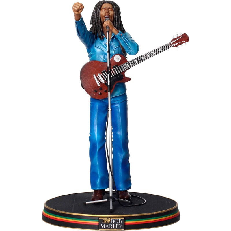 Figura de Bob Marley con guitarra y micrófono sobre base decorada