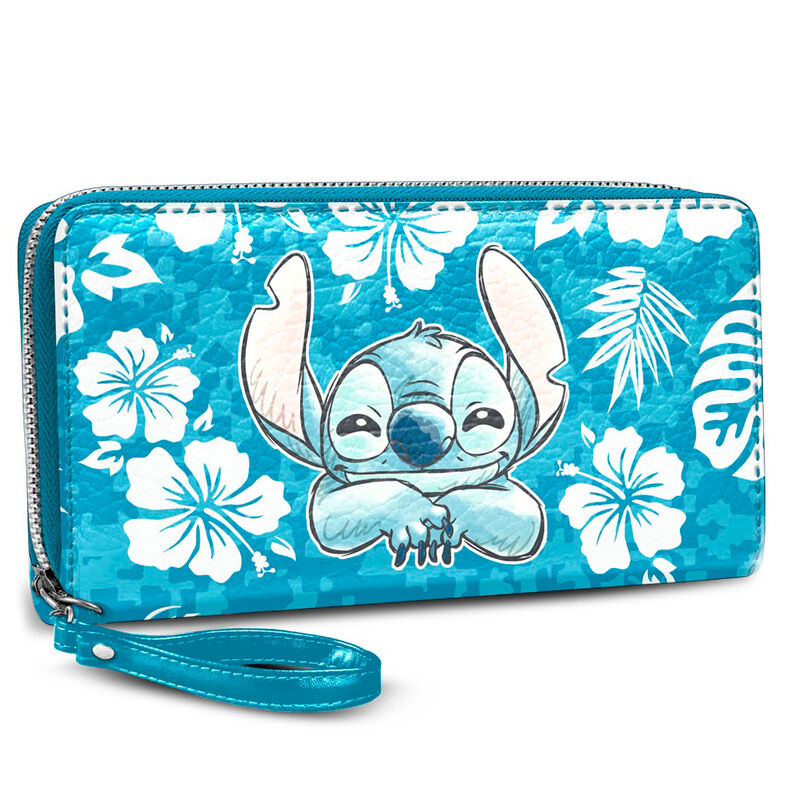 Cartera Aloha Stitch Disney azul turquesa con flores tropicales
