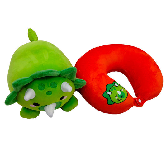 Peluche dinosaurio verde transformado en almohada de viaje naranja - 2