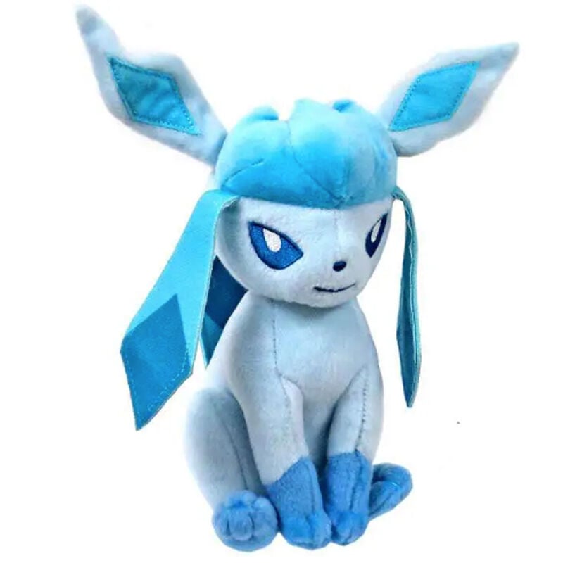 Peluche Glaceon de Pokémon sentado en tonos azul y blanco