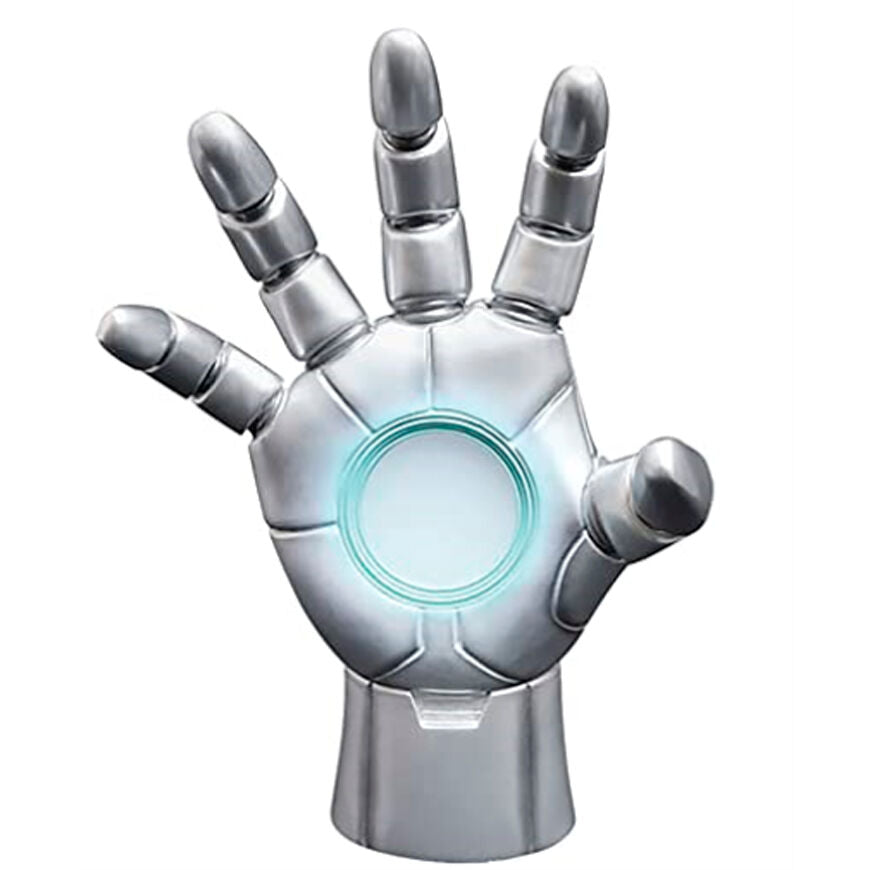 Estatua Iron Man Grey Armor con mano abierta en gris y detalle circular azul