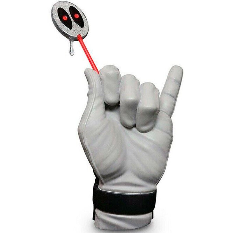 Estatua Heroic Hands de Deadpool con mano gris y emblema circular