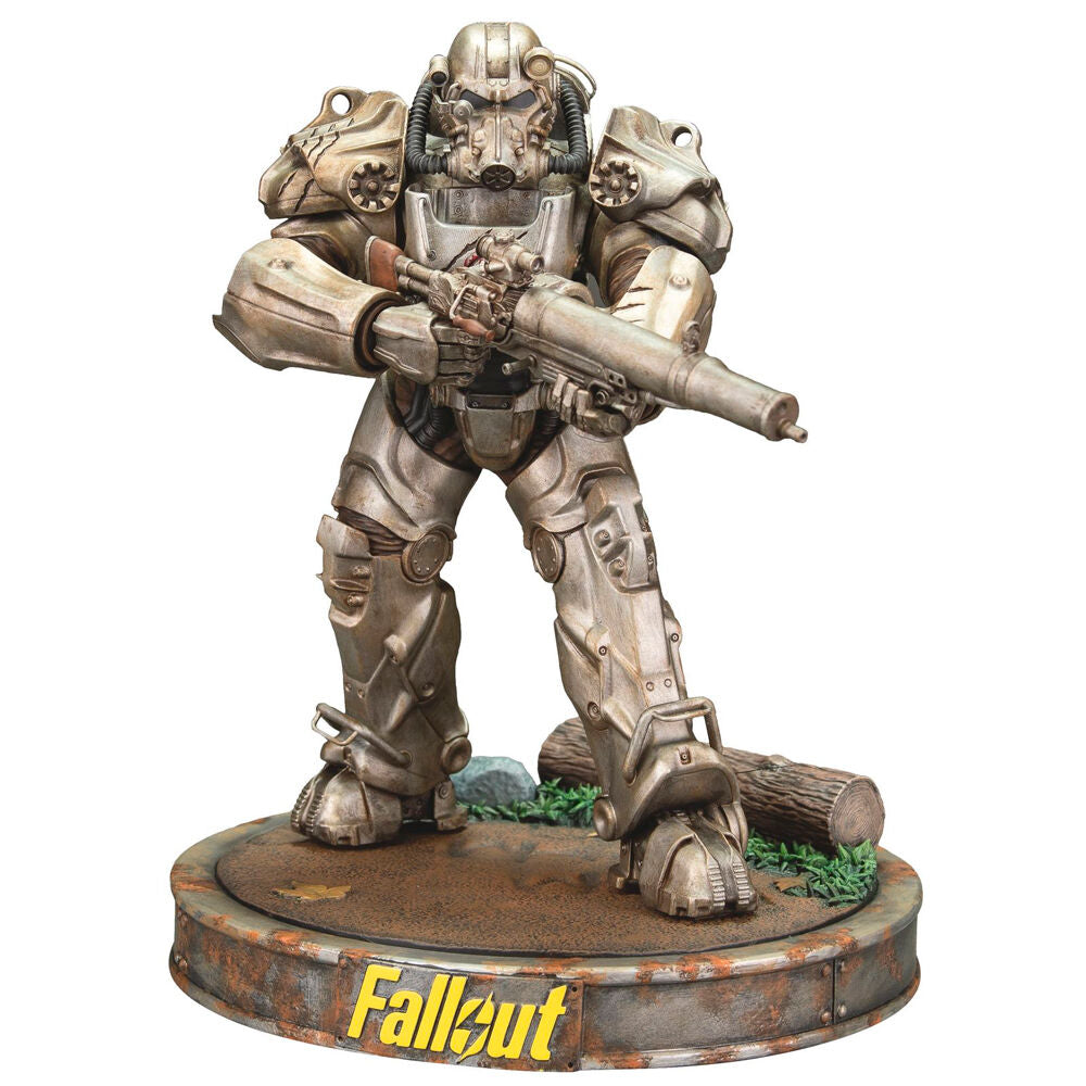 Figura de Maximus de Fallout con armadura y arma sobre base decorada