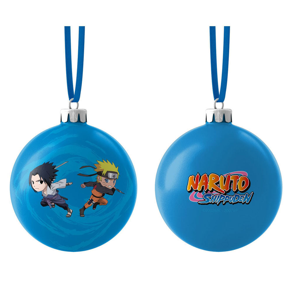 Bola de Navidad azul de Naruto Shippuden con Naruto y Sasuke chibi