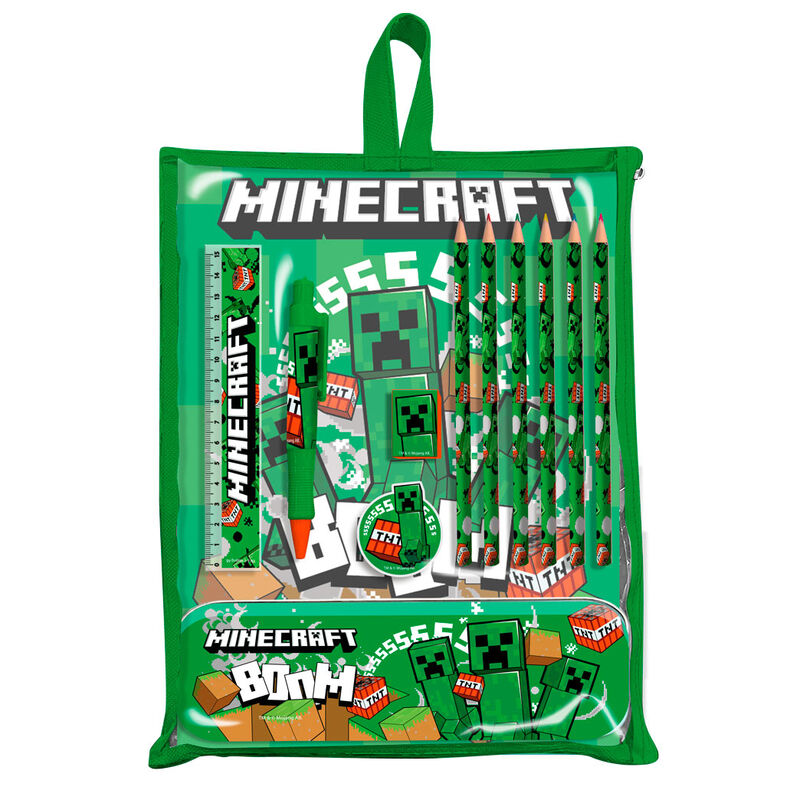 Set de papelería Minecraft verde con estuche, regla y lápices