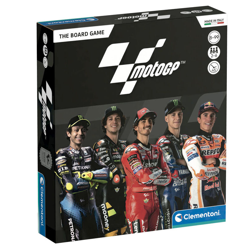 Caja del juego de mesa MotoGP Clementoni con pilotos de motociclismo