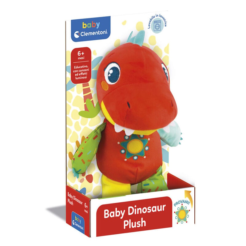 Peluche T-Rex bebé Clementoni rojo con detalles verdes y amarillos