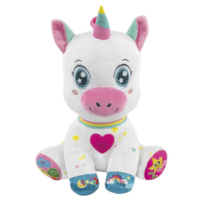 Peluche bebé unicornio interactivo blanco con detalles rosas y turquesas