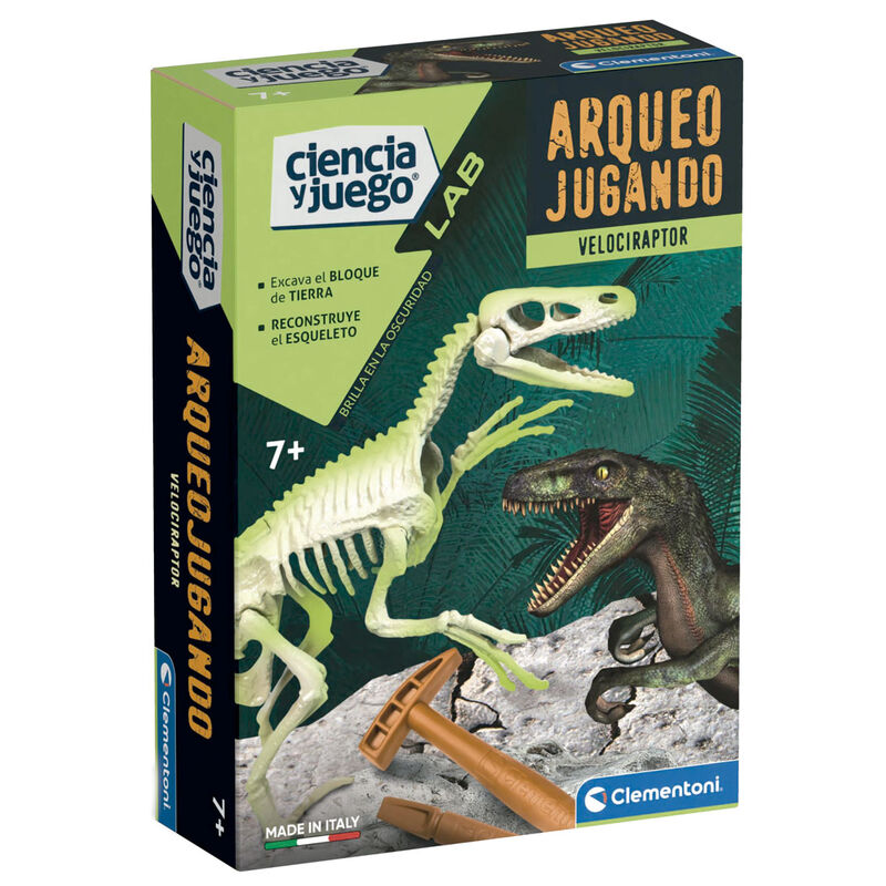 Caja del juego Clementoni Arqueojugando Velociraptor fosforescente