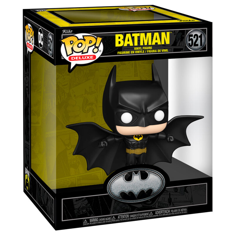 Figura Funko POP! Deluxe de Batman con capa negra extendida sobre base transparente - 2