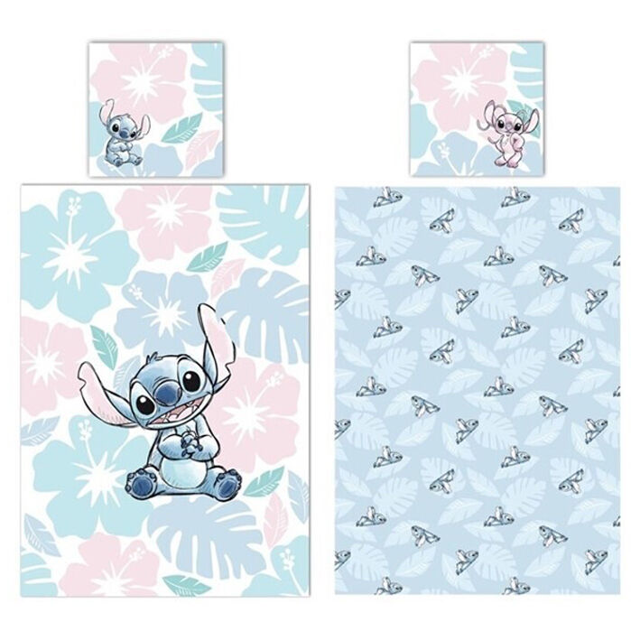 Funda nórdica Stitch Disney en tonos azul y rosa con estampado tropical