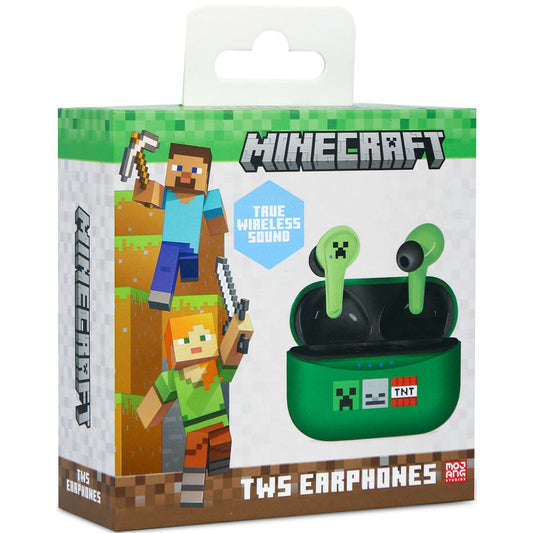 Auriculares inalámbricos Minecraft verdes con estuche y detalles pixelados - 2