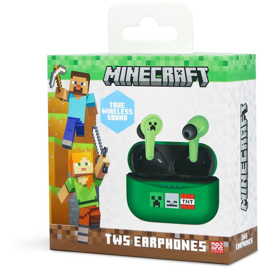 Auriculares inalámbricos Minecraft verdes con estuche y detalles pixelados - 5