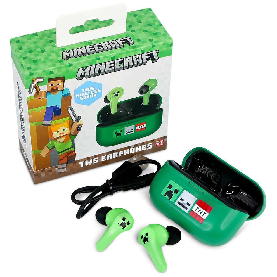 Auriculares inalámbricos Minecraft verdes con estuche y detalles pixelados - 7