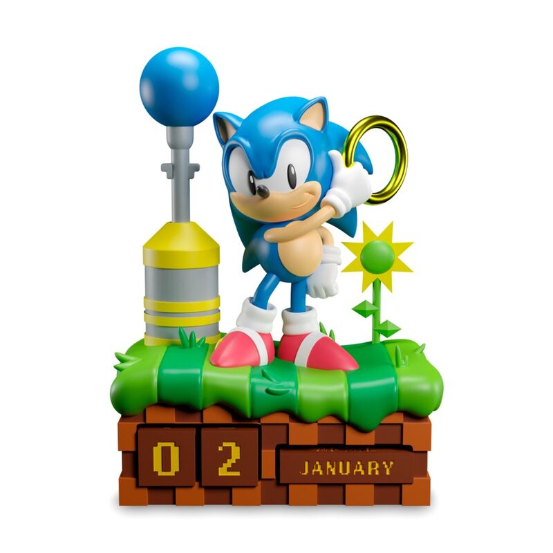 Calendario perpetuo 3D de Sonic the Hedgehog sobre base decorativa