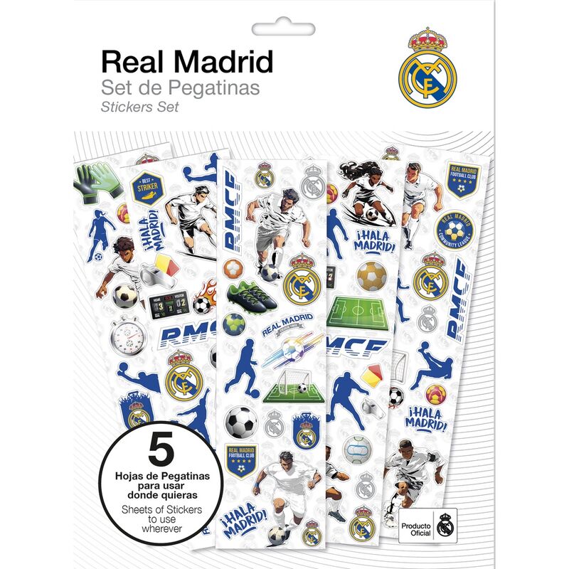 Set de cinco hojas de pegatinas del Real Madrid con escudos y motivos de fútbol