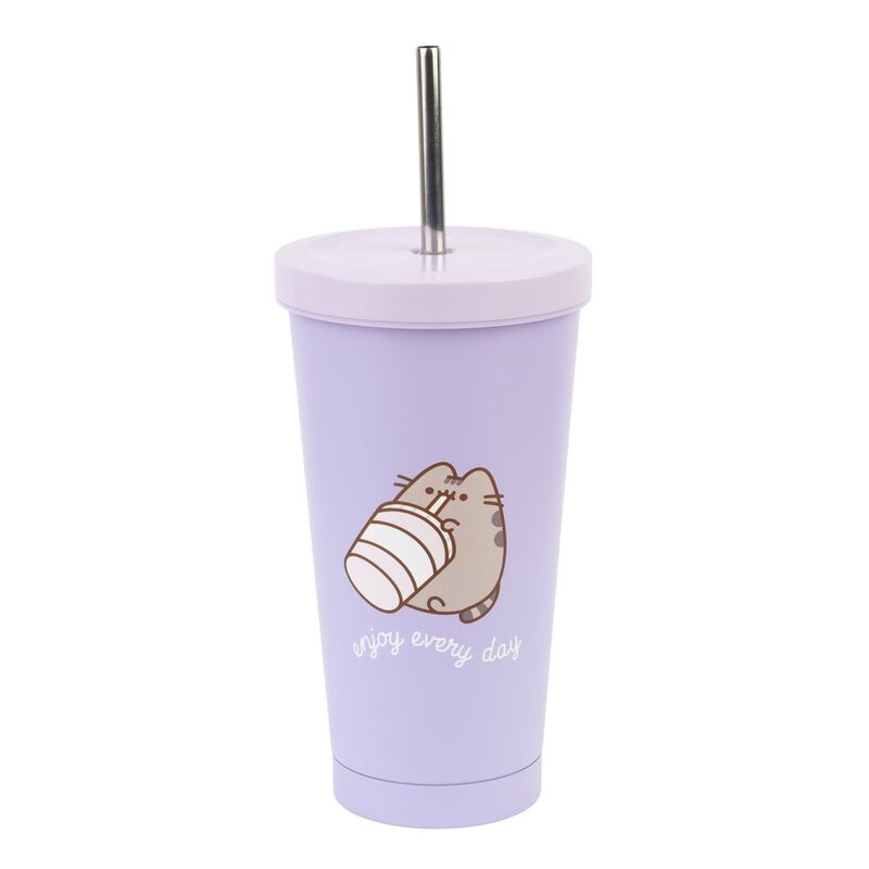 Vaso lila Pusheen de acero inoxidable con tapa y pajita metálica