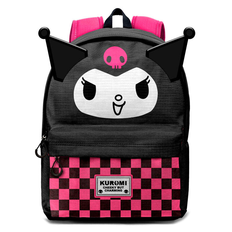 Mochila negra y rosa de Kuromi con bolsillo de cuadros