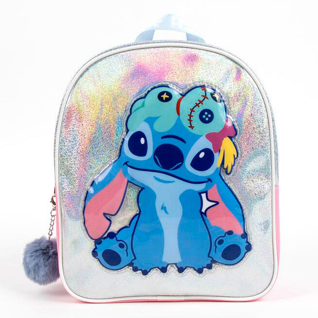 Mochila infantil plateada de Stitch Disney con detalles rosas y pomponcito - 5