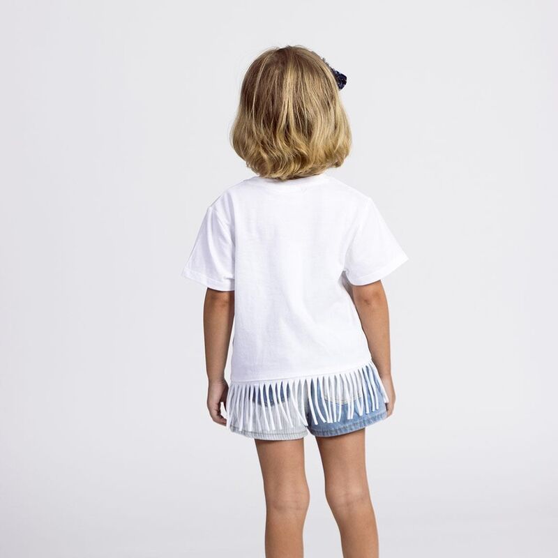 Camiseta blanca de manga corta con Stitch Disney y bajo de flecos - 5