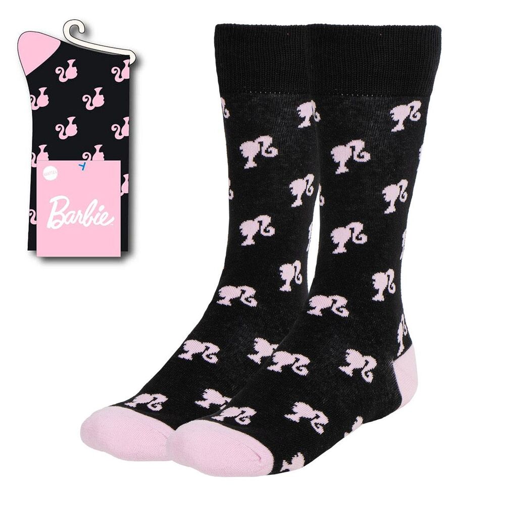 Calcetines Barbie negros con estampado rosa, talla 41-45