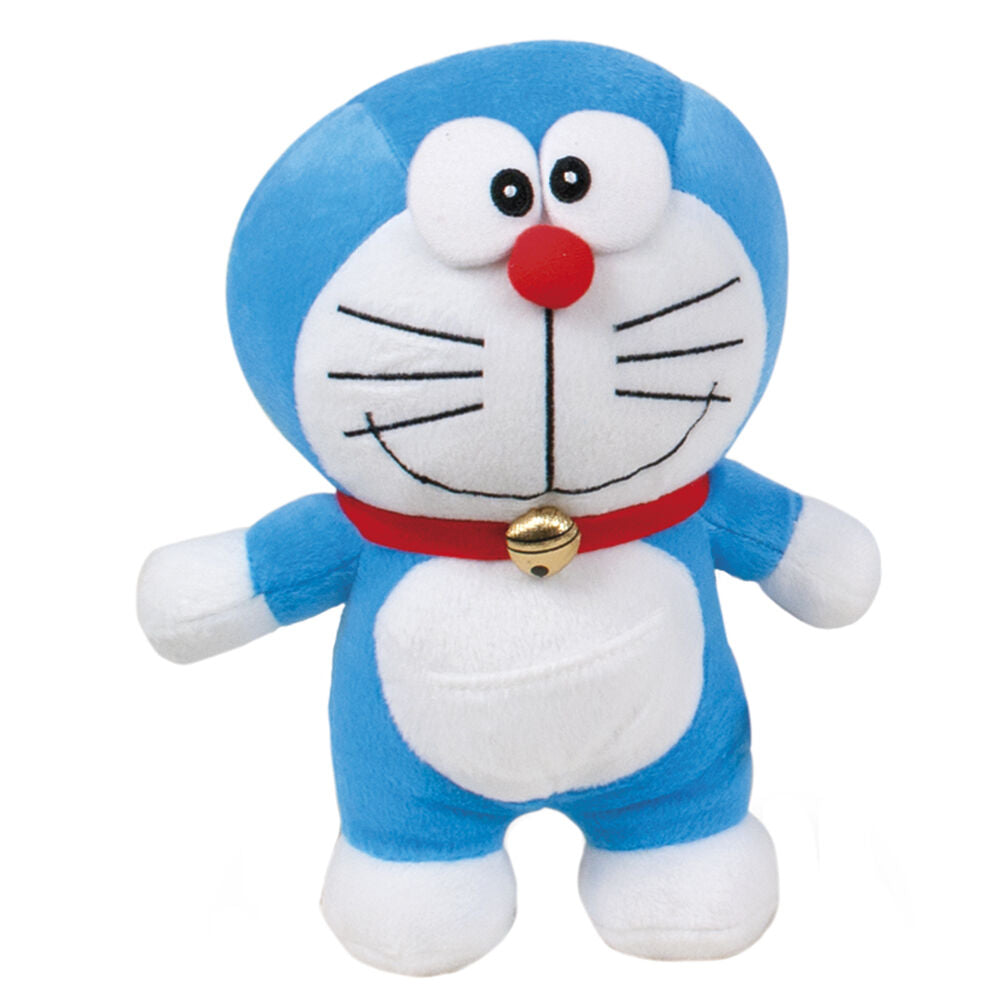 Peluche Doraemon azul y blanco con collar rojo y campanilla dorada