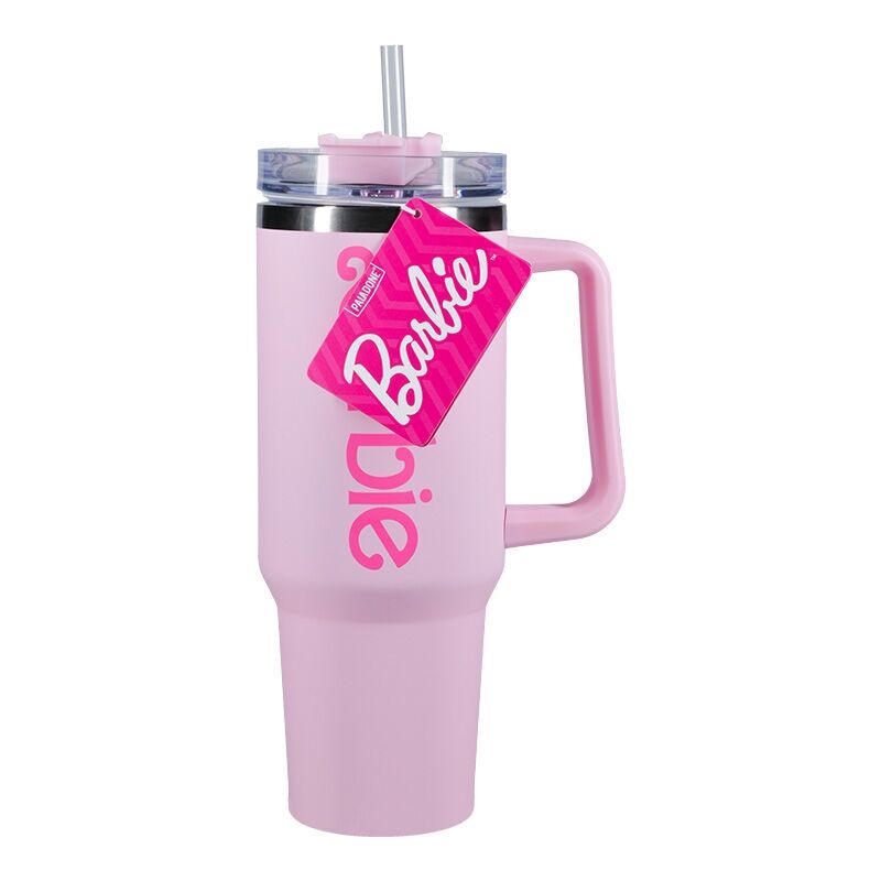 Vaso térmico rosa Barbie con asa, tapa y pajita - 3