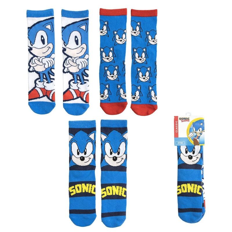 Set de tres pares de calcetines Sonic con diseños azules