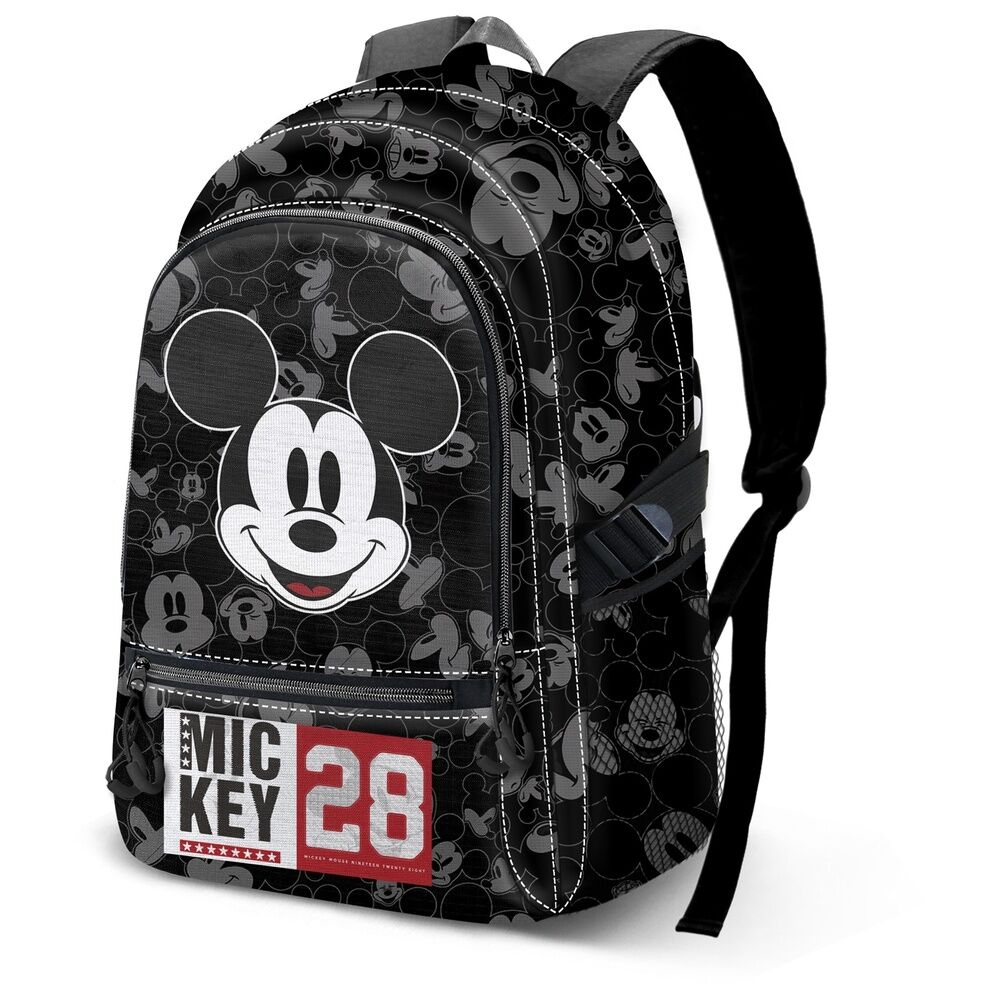 Mochila negra y gris de Mickey Disney con parche frontal rojo