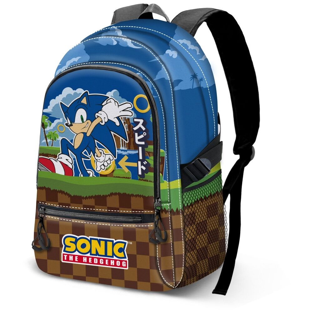 Mochila azul de Sonic the Hedgehog con bolsillos frontales y laterales