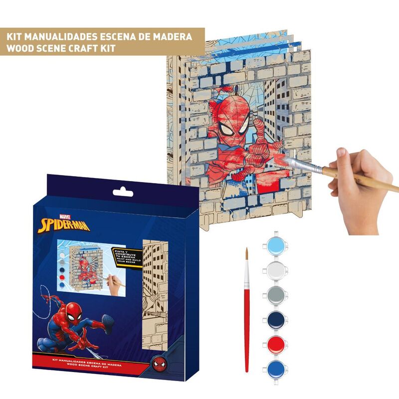 Set de manualidades Spider-Man con escena de madera, pincel y pinturas