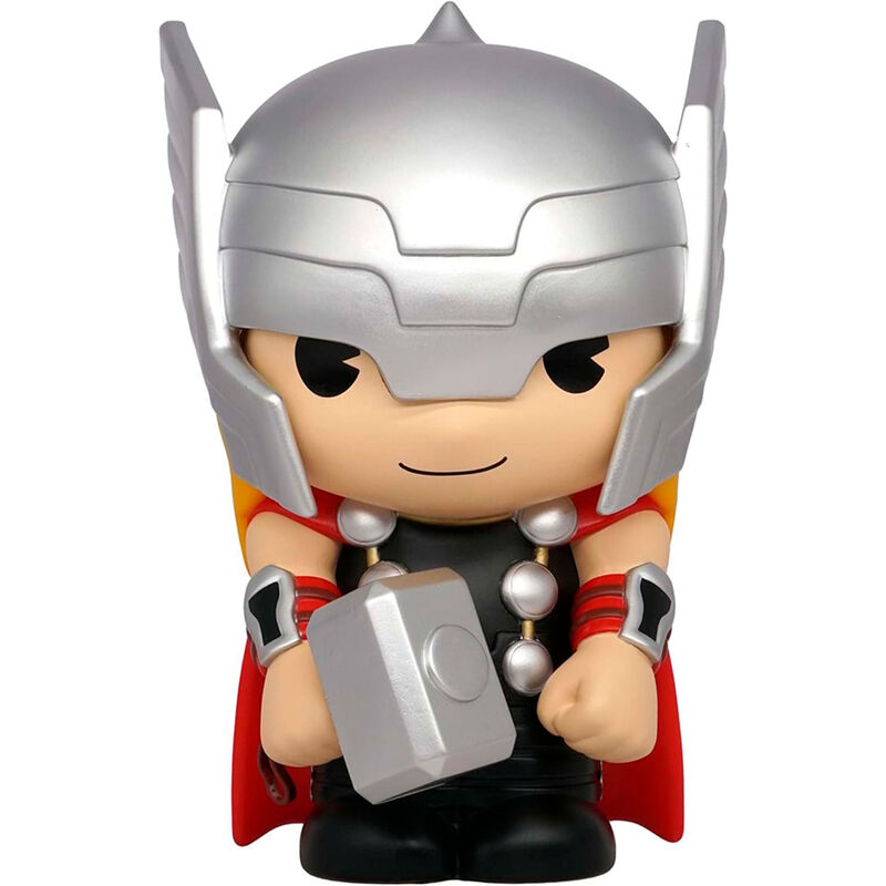 Figura hucha de Thor Marvel con casco, capa roja y Mjolnir