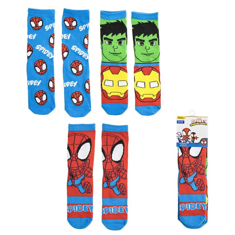 Set de tres pares de calcetines Spidey Marvel con diseños de Spider-Man, Hulk e Iron Man
