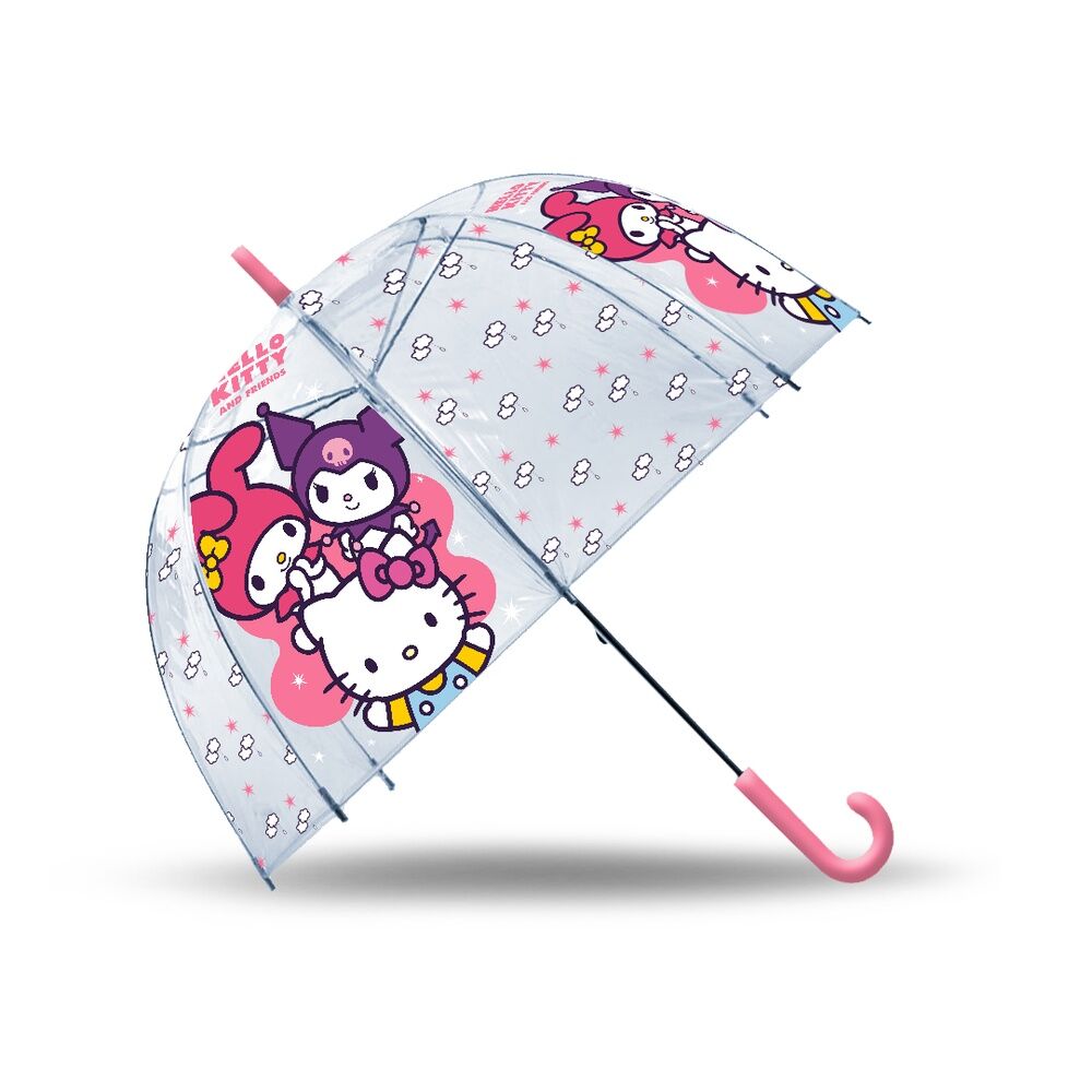 Paraguas transparente Hello Kitty and Friends con mango rosa