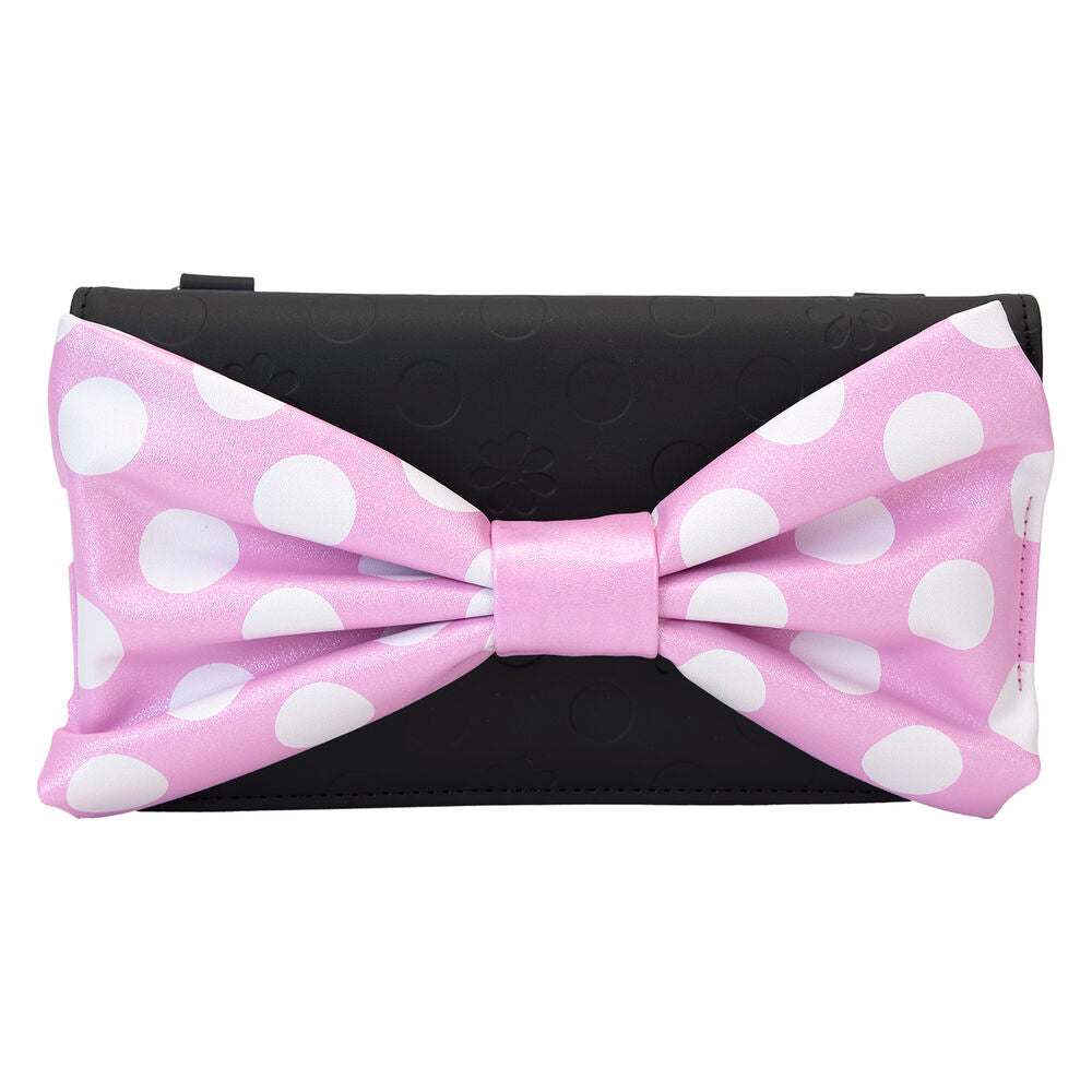 Bolso bandolera negro de Minnie con lazo rosa de lunares y correa floral - 11