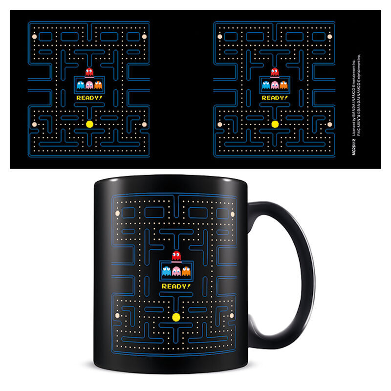Taza negra de cerámica Pac-Man con diseño de laberinto