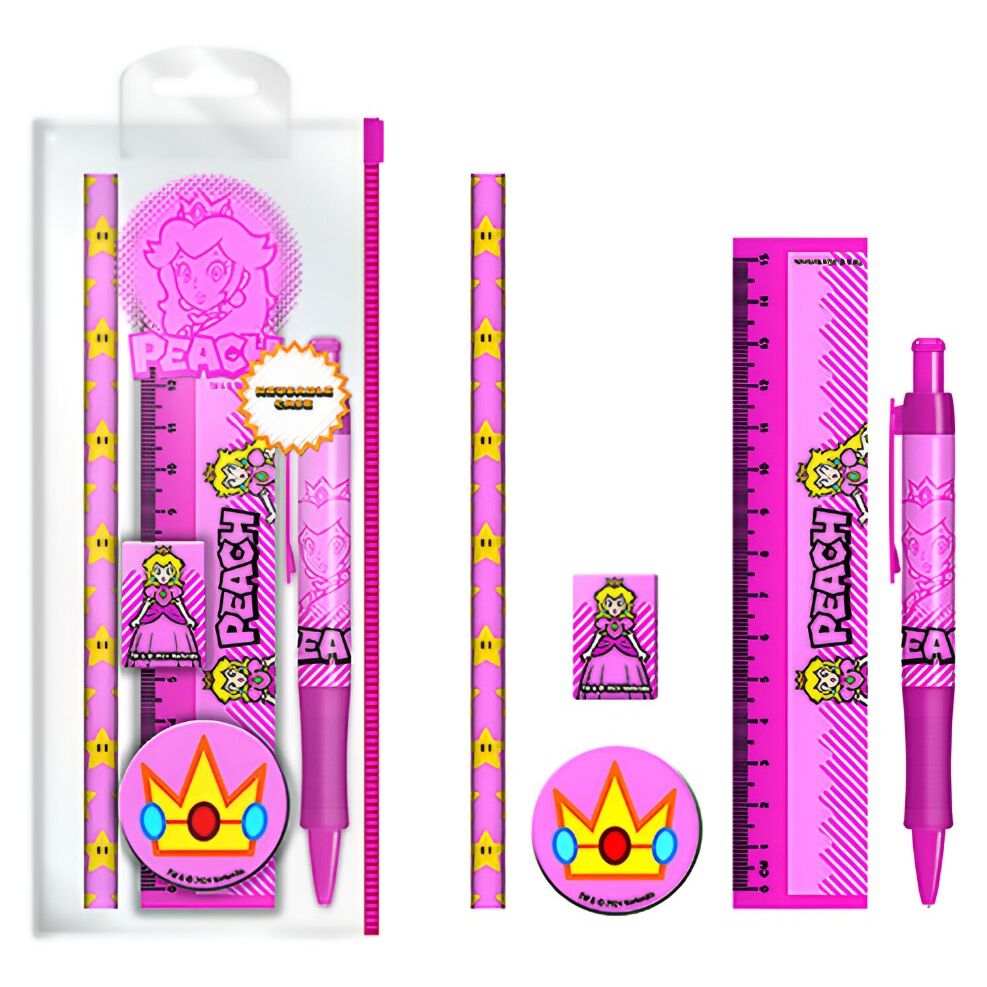 Set de papelería rosa de Peach Super Mario Bros con cinco piezas