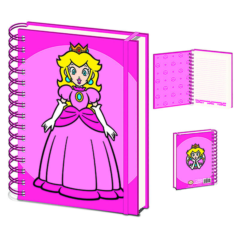 Cuaderno A5 rosa de Peach de Super Mario Bros con tapa dura y espiral