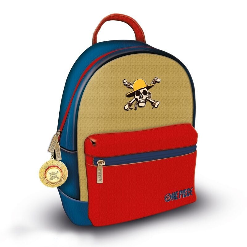 Mochila PYRAMID de One Piece azul roja y beige con colgante lateral