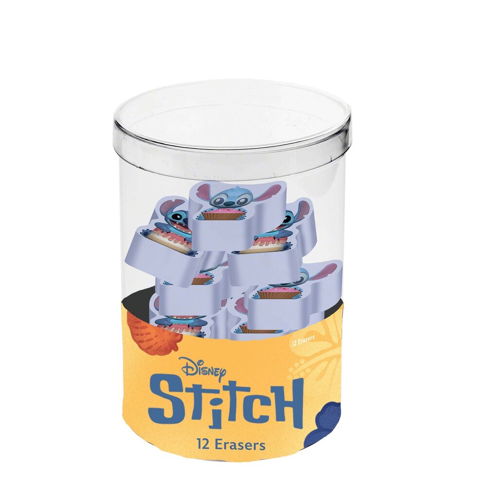 Cubo transparente con 12 gomas de borrar de Stitch Disney