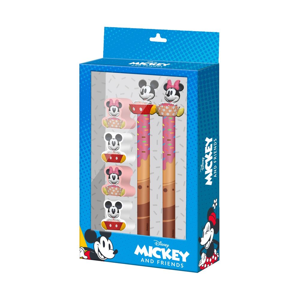Set de papelería Disney de Mickey y Minnie con bolígrafo, lápiz y gomas