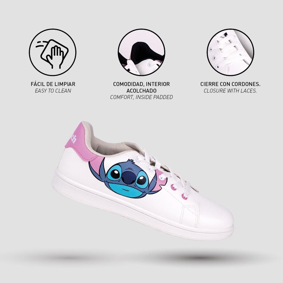 Deportivas blancas Stitch Disney con cordones y detalles rosas - 4