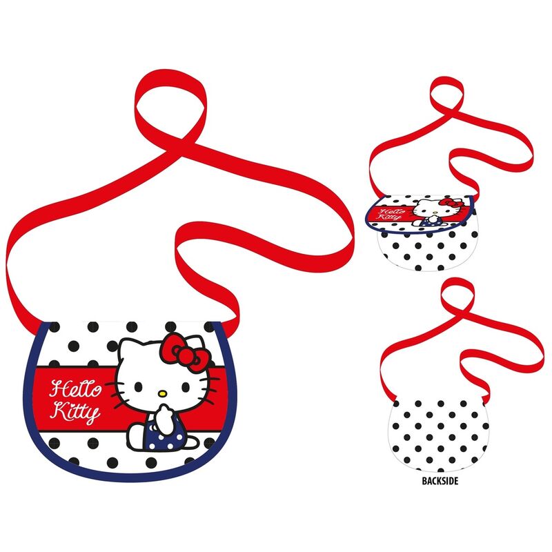 Bolso bandolera Hello Kitty blanco con lunares negros y correa roja