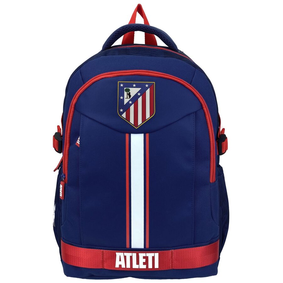 Mochila azul y roja del Atlético de Madrid con escudo y tres bolsillos