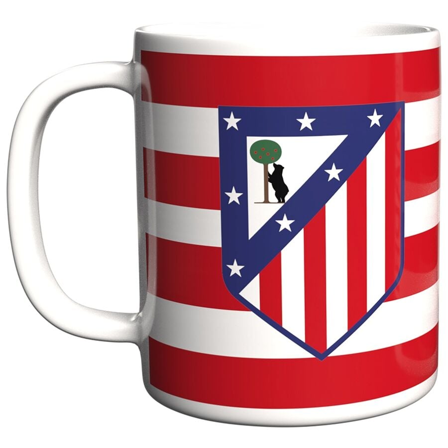 Taza de cerámica del Atlético de Madrid con escudo y franjas rojas y blancas