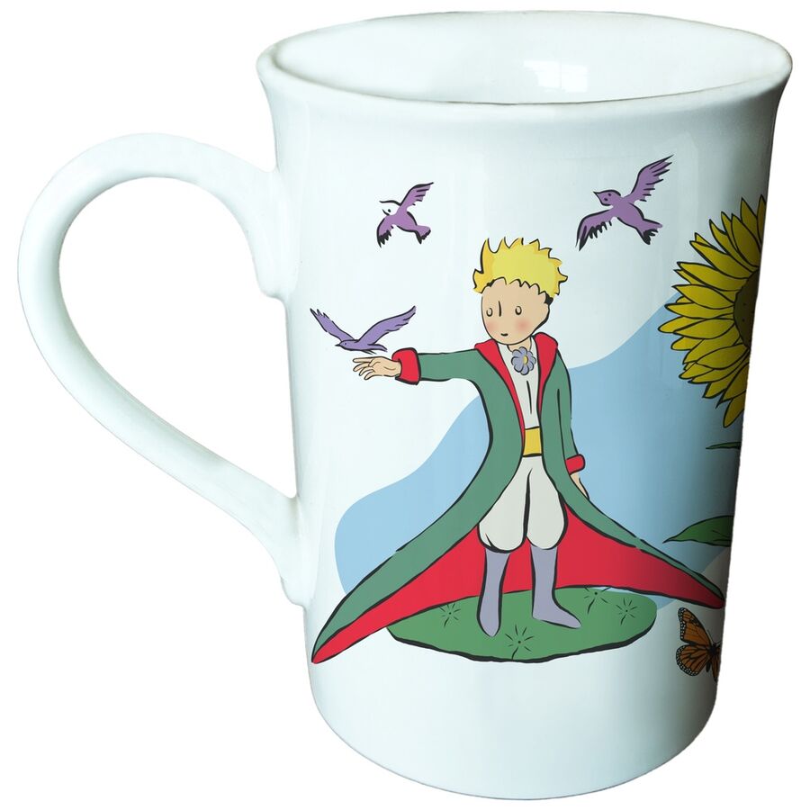 Taza de cerámica de El Principito con ilustración de personaje, aves y flor