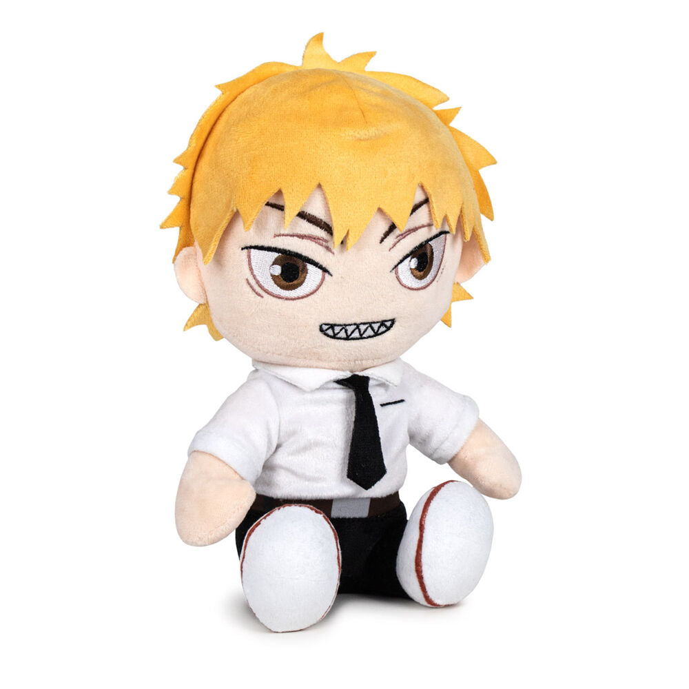 Peluche de Denji de Chainsaw Man sentado, con camisa blanca y corbata negra