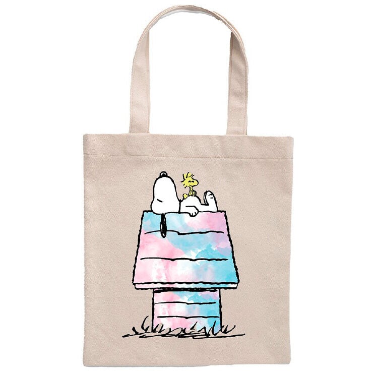 Bolsa tote de algodón Snoopy y Woodstock sobre fondo crudo